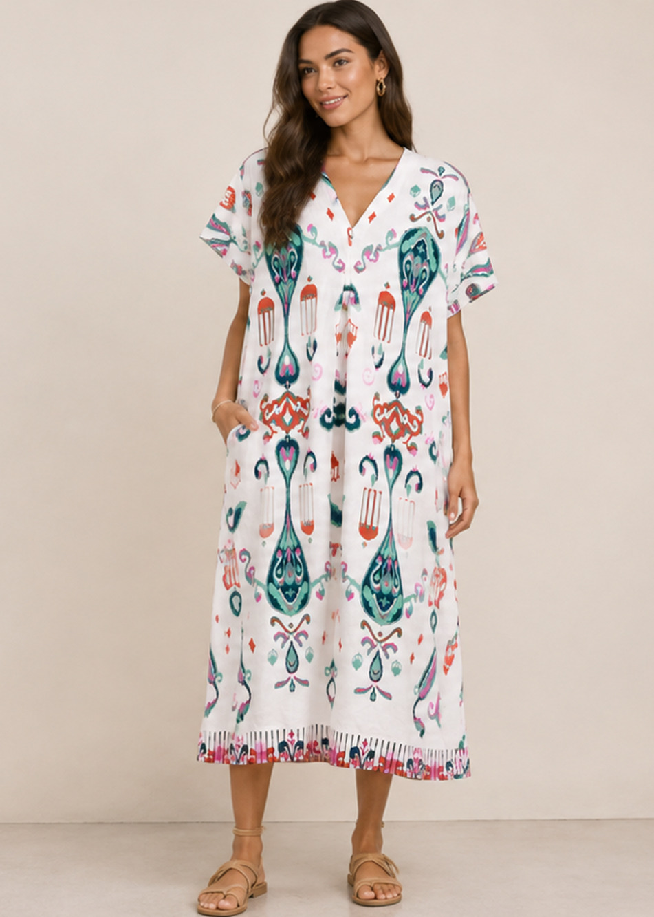 Zara White Multicolor Paisley Print V Neck Midi Dress Kaftan Sz XS Linen Boho